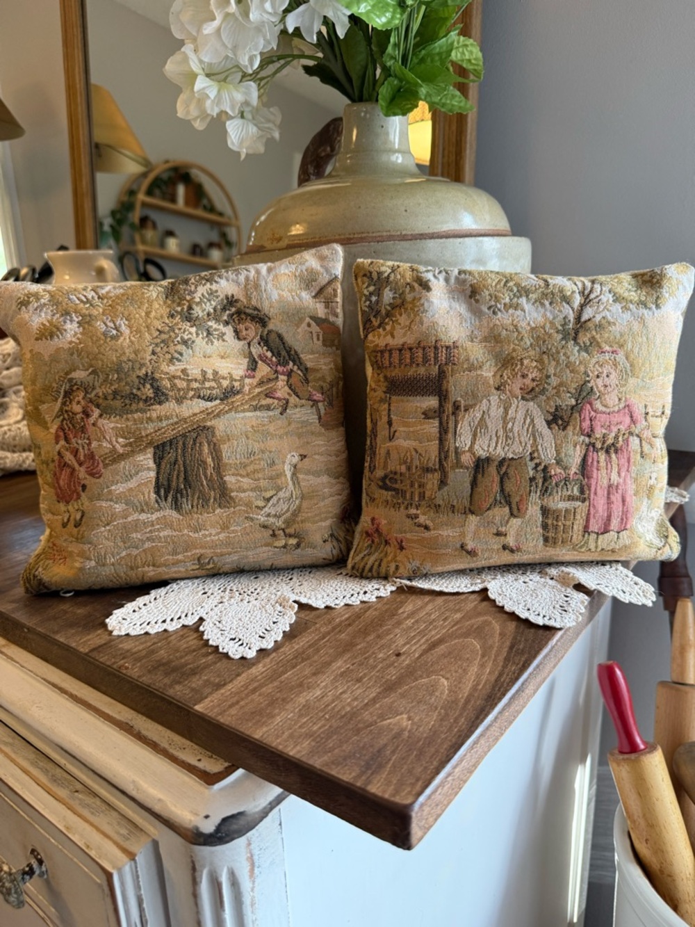 STUNNING! Vintage small French tapestry kids with geese decor pillows.